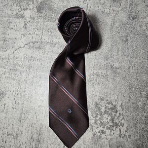 CHRISTIAN DIOR Vintage Brown Diagonal Stripe Print Silk Poly Blend Tie Y2K